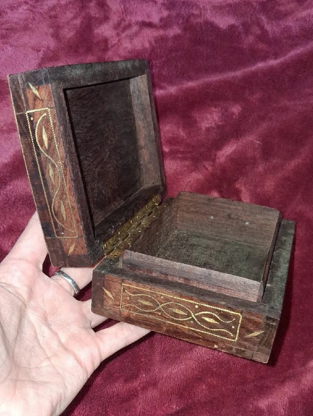 Vintage Hand-Carved Wooden Jewelry Box in Brown with Gold Trim And Brass Inlays